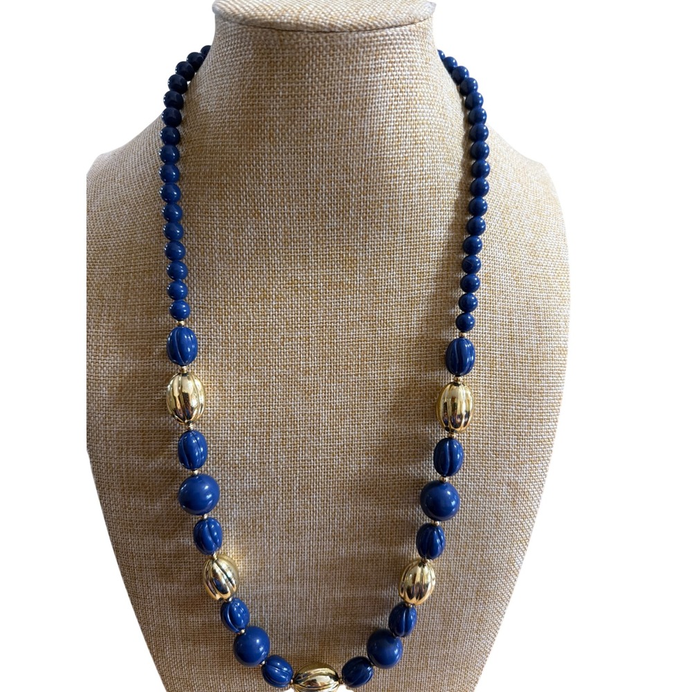 Vintage Navy Blue and Gold Tone Beaded Statement Necklace Mid Century Elegant e